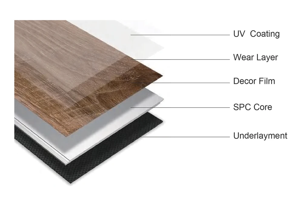 SPC flooring structure layers showing UV coating wear layer decorative film and rigid core
