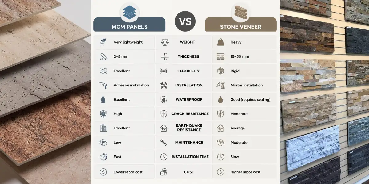 Comparison of MCM panels and stone veneer for exterior and interior wall cladding applications.