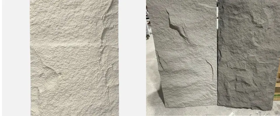 Faux Rock Panels product display featuring realistic natural stone textures for interior and exterior wall cladding.