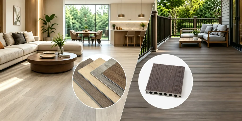 Diversos materiais para pisos residenciais e comerciais, incluindo pisos SPC, madeira maciça, laminado, vinil e cerâmica.