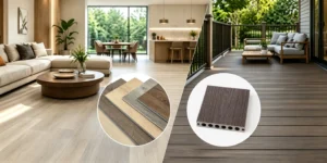 Different flooring materials for residential and commercial spaces, including SPC flooring, hardwood, laminate, vinyl, and tile