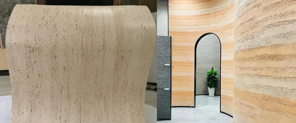 MCM Flexible Stone Panels product display featuring realistic stone textures and lightweight construction.