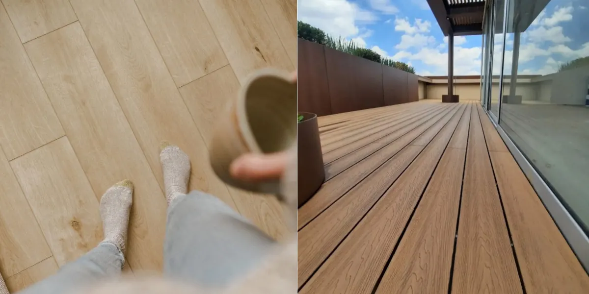 Modern SPC flooring and WPC decking used in residential and commercial construction projects.