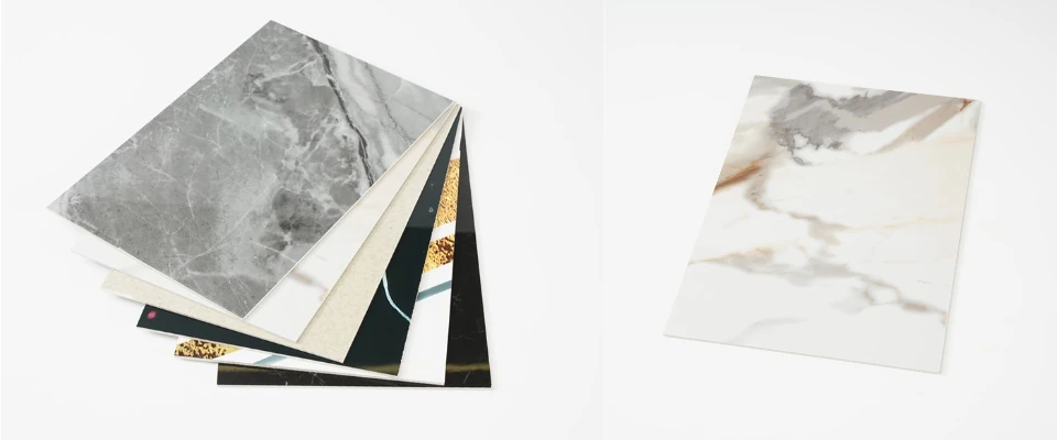 PVC Marble Sheets product display with realistic marble patterns and high-gloss finish.
