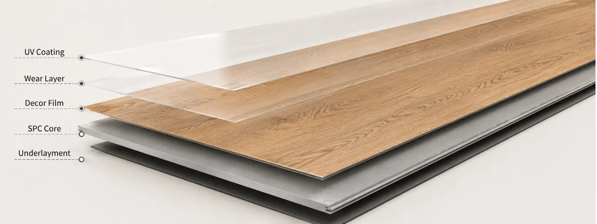 Structure of Stone Plastic Composite planks showing UV coating, wear layer, decorative film, and SPC core layers.