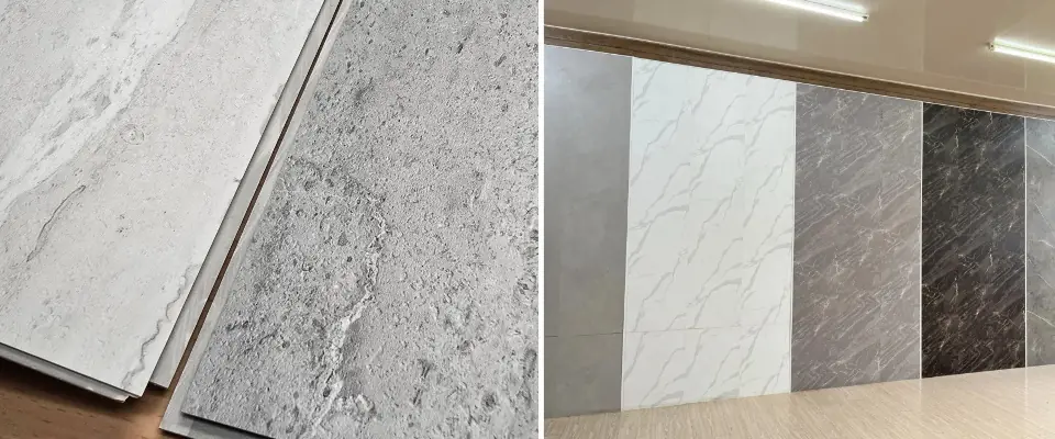 SPC Wall Panels product display featuring waterproof decorative wall panels with realistic wood and stone finishes.