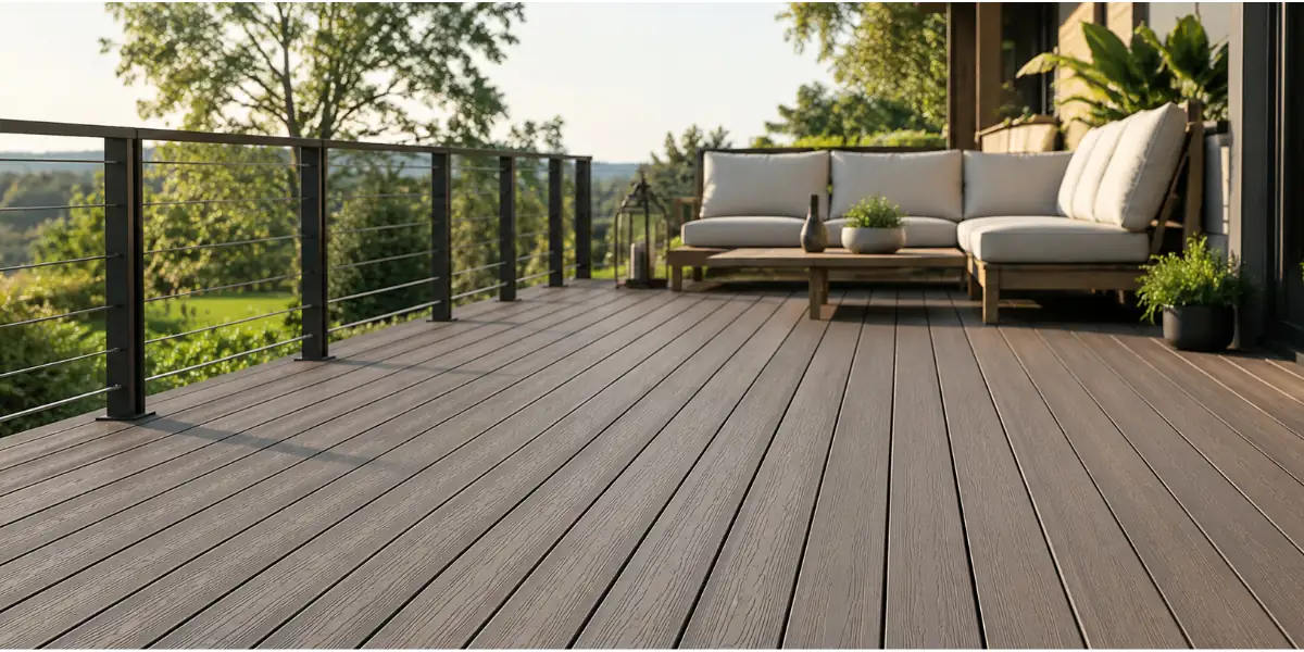 Modern WPC decking installed in an outdoor patio, combining the natural appearance of wood with the durability of composite materials.