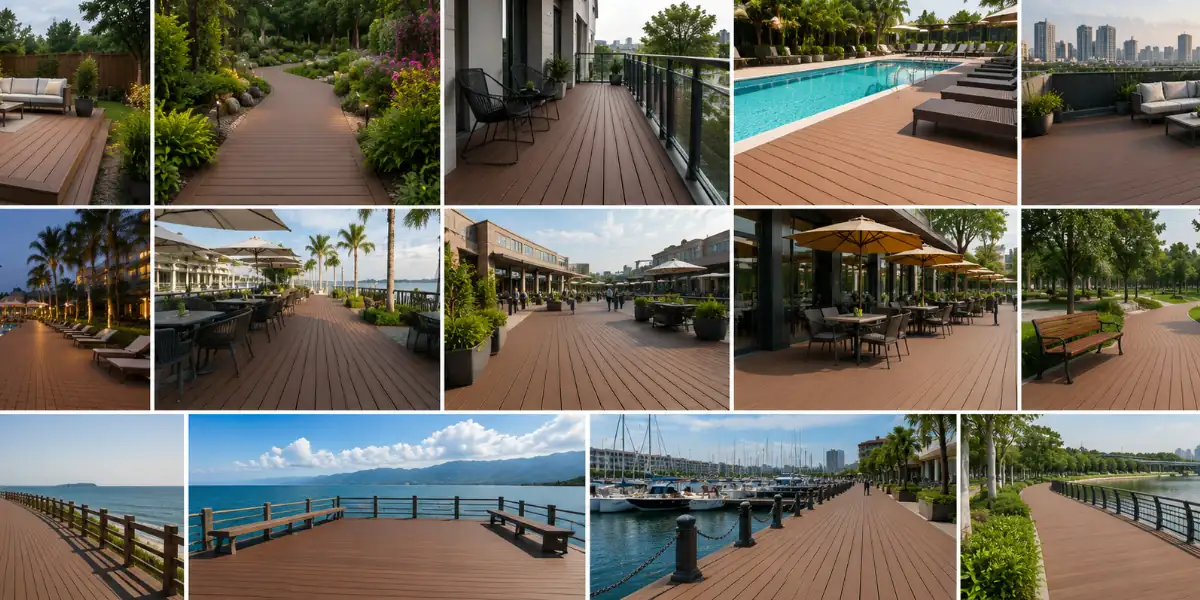 WPC decking applications in outdoor spaces including patios, gardens, balconies, and commercial areas.