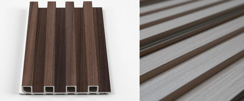 WPC Wall Panels product display with wood grain surface texture for interior decoration.