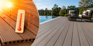 Outdoor WPC decking exposed to direct sunlight, illustrating heat performance, surface temperature, and durability for commercial and residential projects.