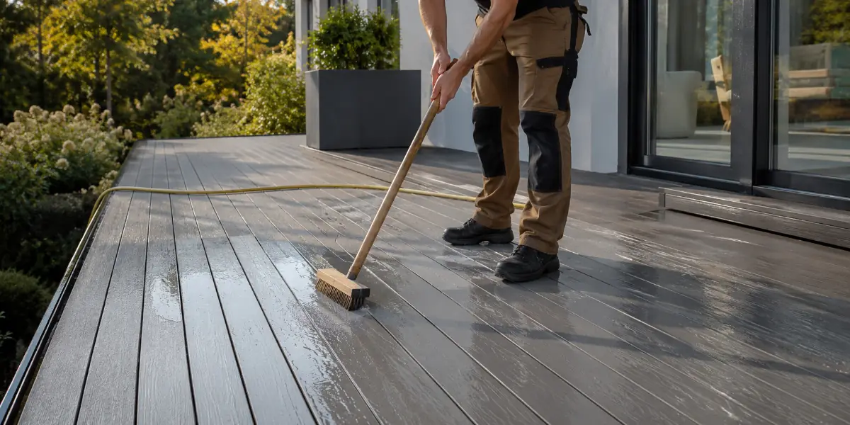 A worker cleaning WPC decking with a soft brush and water to remove dirt and maintain the outdoor deck surface.