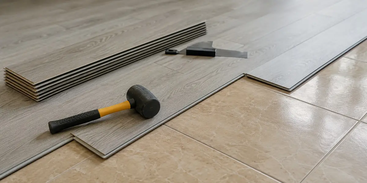 SPC flooring installed directly over an existing tile floor in a modern interior.