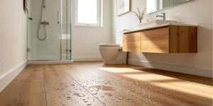 Waterproof SPC flooring installed in a modern bathroom, showing its suitability for wet and humid environments.