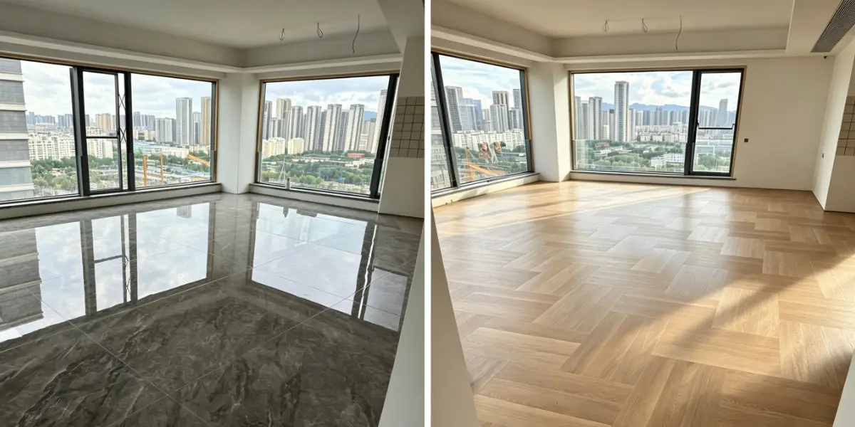 Room transformation after installing SPC flooring over existing tiles, creating a warmer and more modern interior.