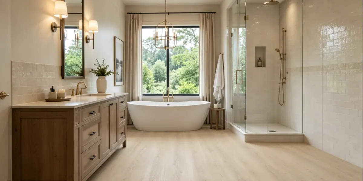 SPC flooring installed in a bathroom, showing its waterproof surface, durability, and suitability for humid environments.