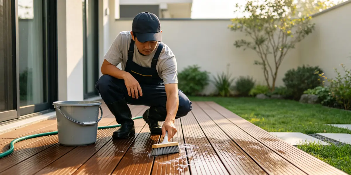 Step-by-step process for cleaning WPC decking with a soft brush, water, and mild cleaning solution.