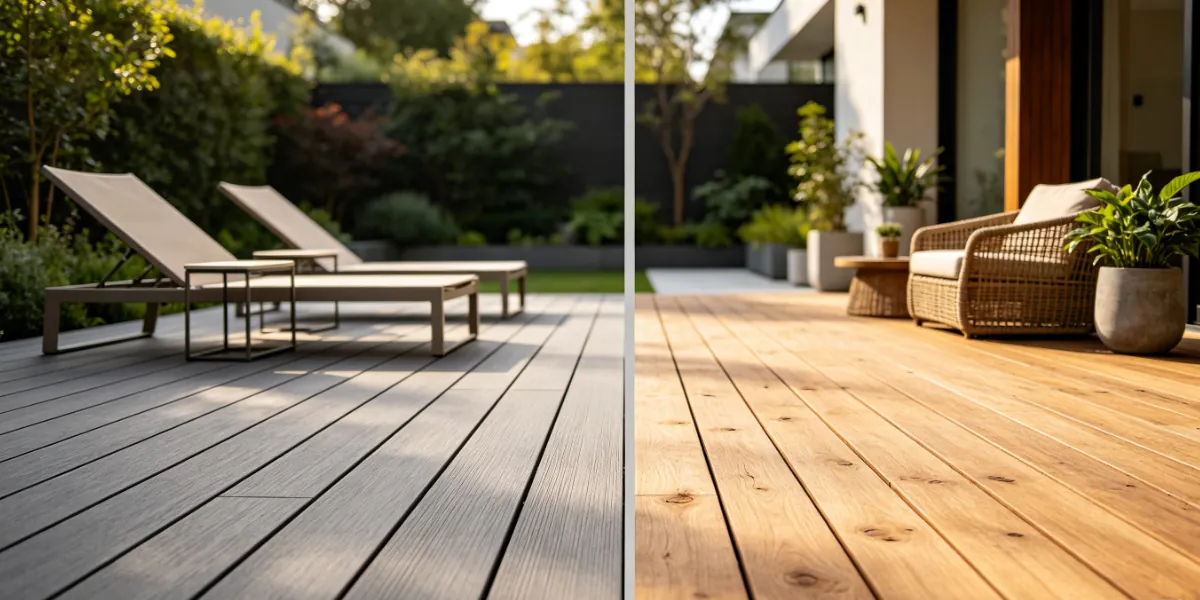 Comparison of WPC decking and wood decking for outdoor spaces, showing differences in durability, maintenance, and appearance.
