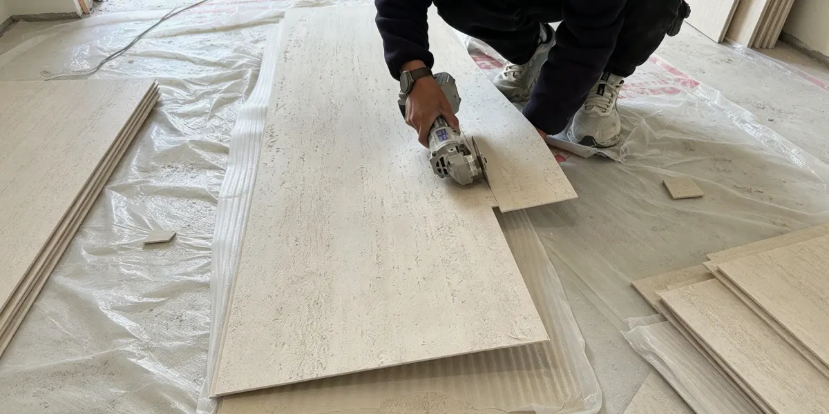 Flexible stone panels being installed quickly on a wall using construction adhesive.