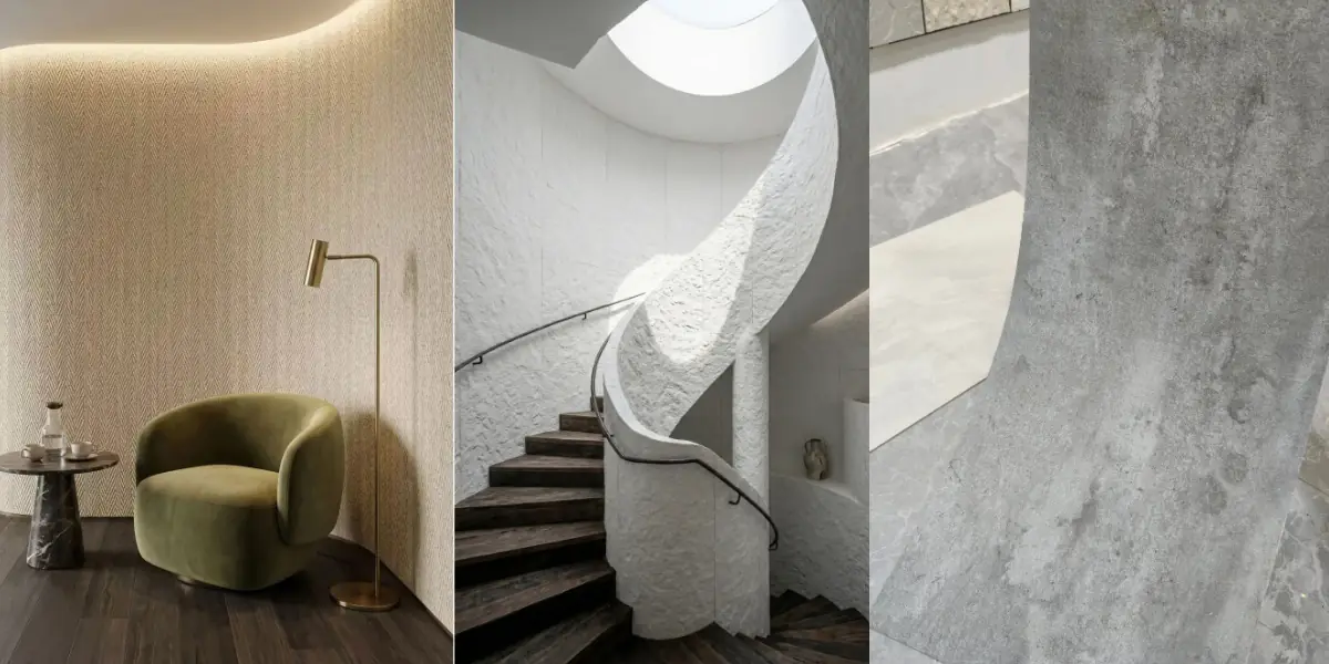 Flexible stone panels installed on different wall surfaces, including curved, uneven, and flat walls.