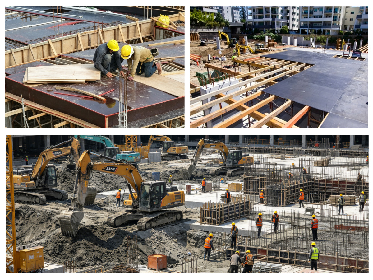 Film Faced Plywood being installed for concrete slab formwork