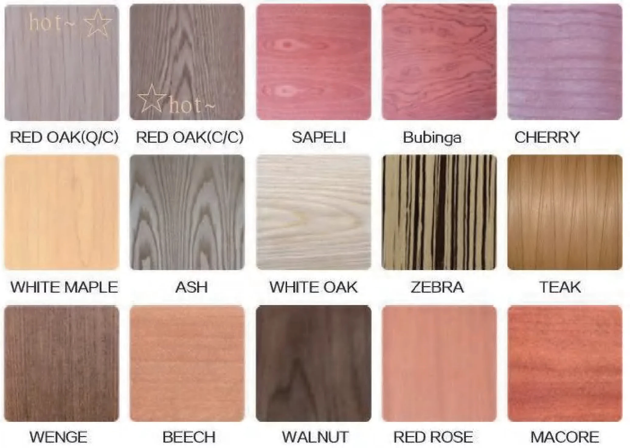 Various engineered veneer types featuring different wood grain patterns and decorative finishes.
