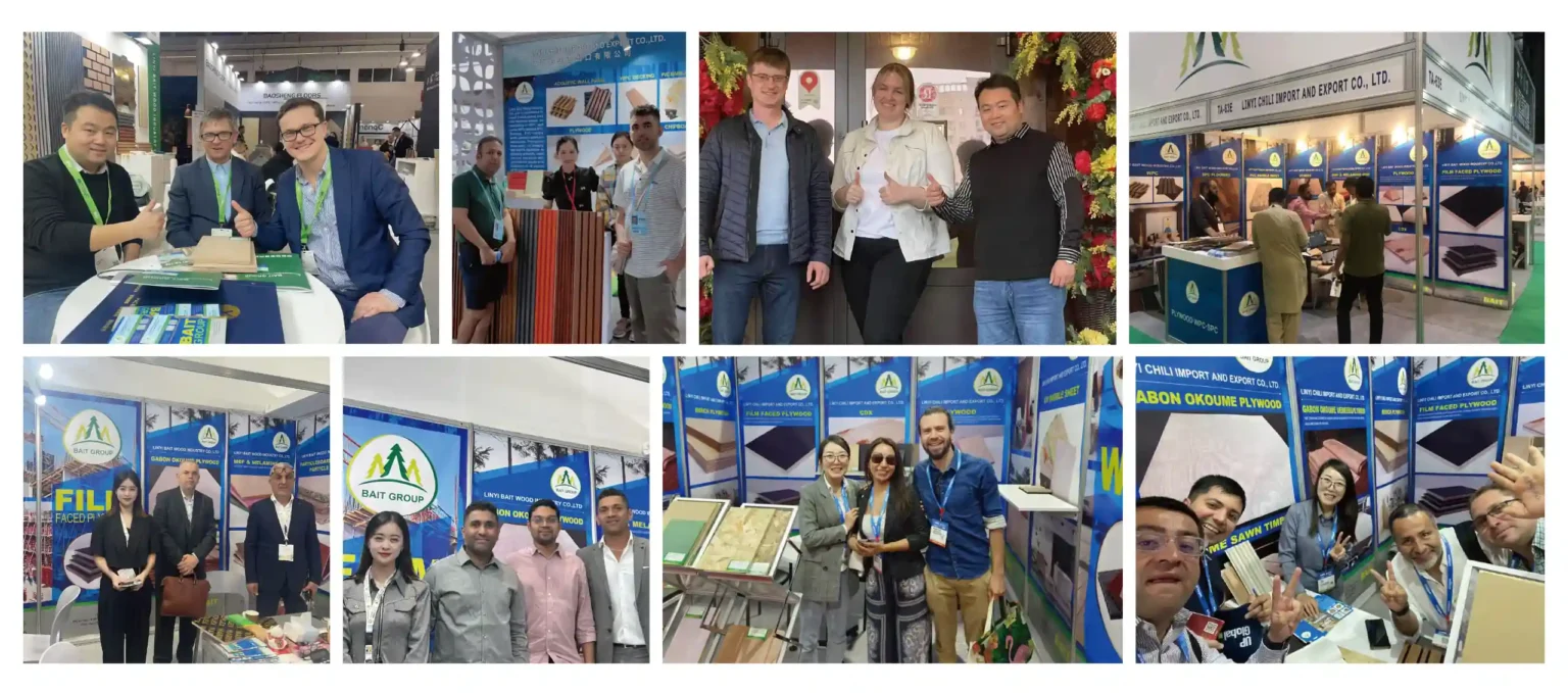Company exhibition team group photo at trade show booth