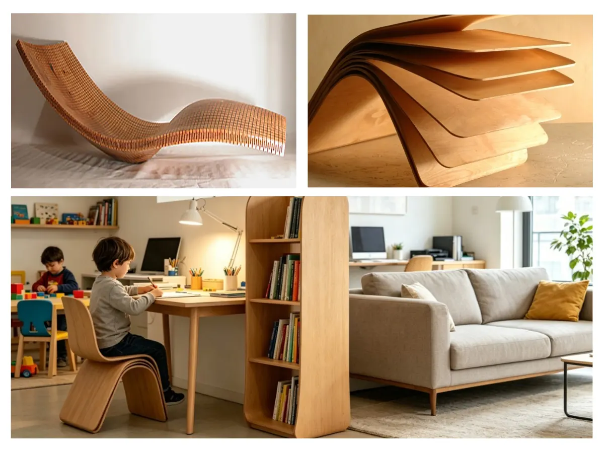 Flexible Plywood Flexi plywood used in curved furniture and custom interior design applications.