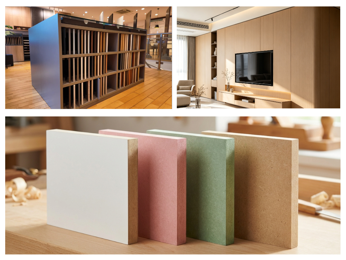 MDF boards used in furniture, cabinets, wardrobes, and interior decoration applications.