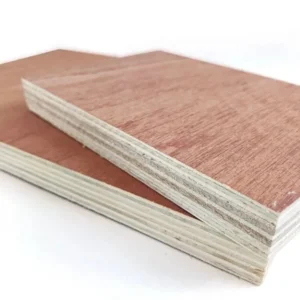 Sapele plywood sheets with rich reddish-brown hardwood grain for furniture and interior applications.