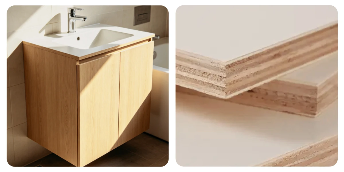 Badezimmerschrank und Melamin-Sperrholz-Detail, das die Feuchtigkeitsbeständigkeit zeigt
