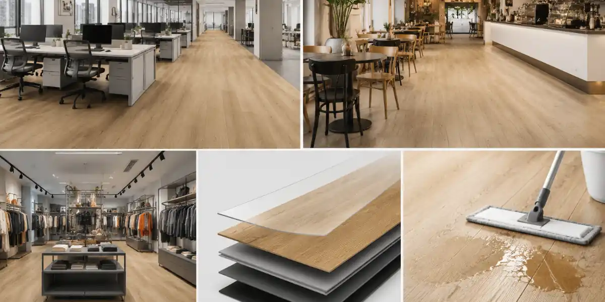 Pisos SPC comerciais instalados em escritórios, cafés e lojas, demonstrando durabilidade, baixa manutenção e aplicações em design de interiores modernos.