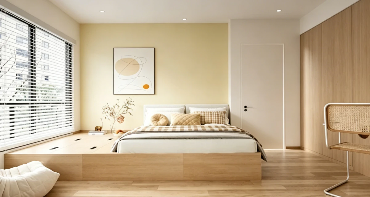 Modern minimalist bedroom with tatami-style bed and built-in storage made of light wood melamine plywood.