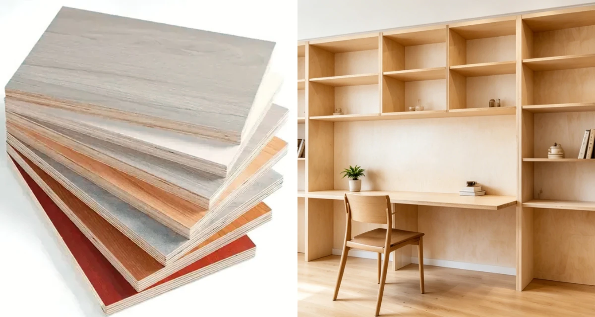 Home office workspace with built-in desk and open shelving crafted from light natural melamine plywood.