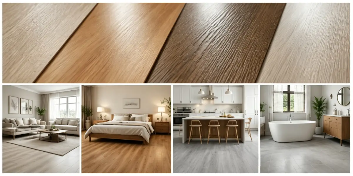 Anwendungsbeispiele für SPC-Bodenbeläge in Wohnzimmer, Schlafzimmer, Küche und Badezimmer mit verschiedenen Holz- und Betondesigns