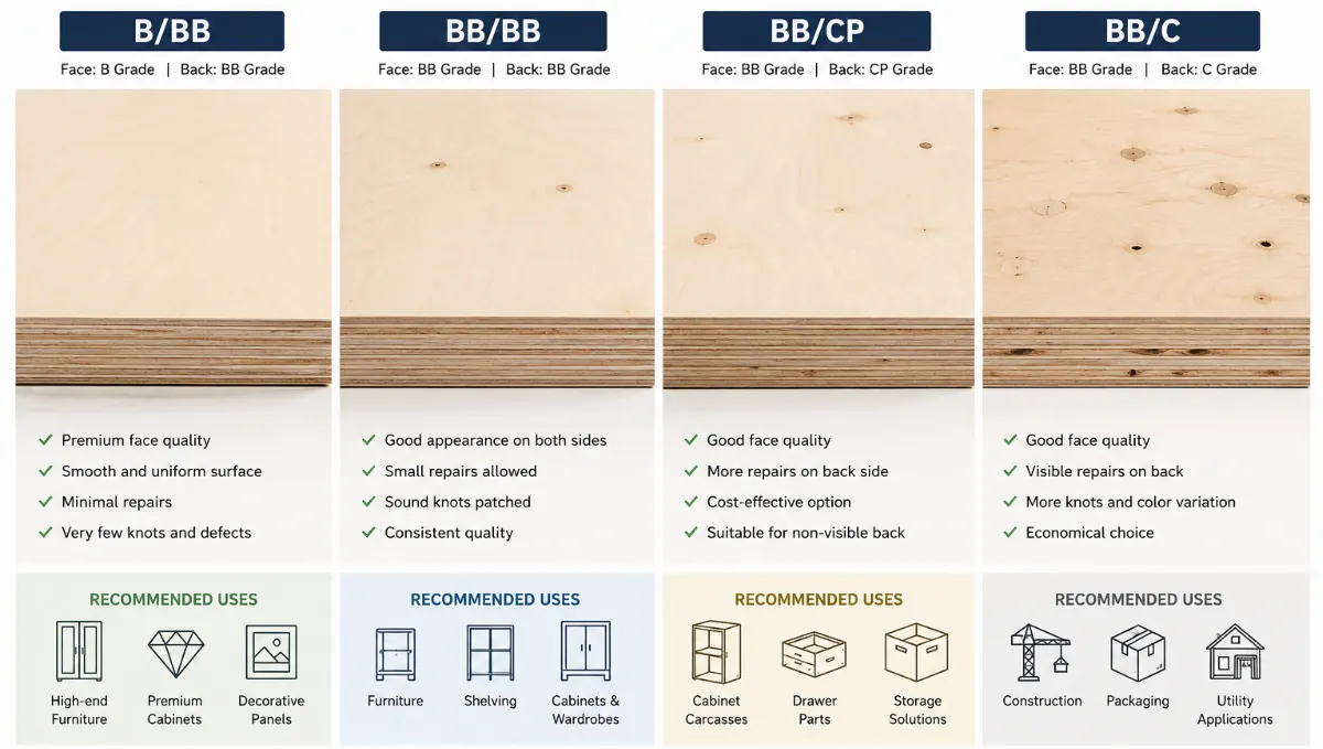 Birch plywood B/BB BB/BB BB/CP BB/CC grading comparison chart