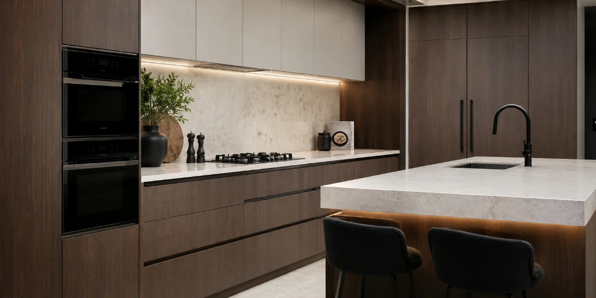 Modern kitchen cabinets made from melamine plywood with durable and moisture-resistant construction.