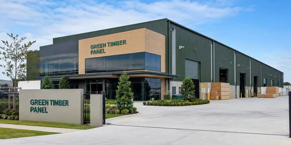 Modern plywood factory in China, melamine plywood production line, industrial warehouse, stacks of laminated wood panels, clean lighting, ultra realistic, 8k, no text, no watermark