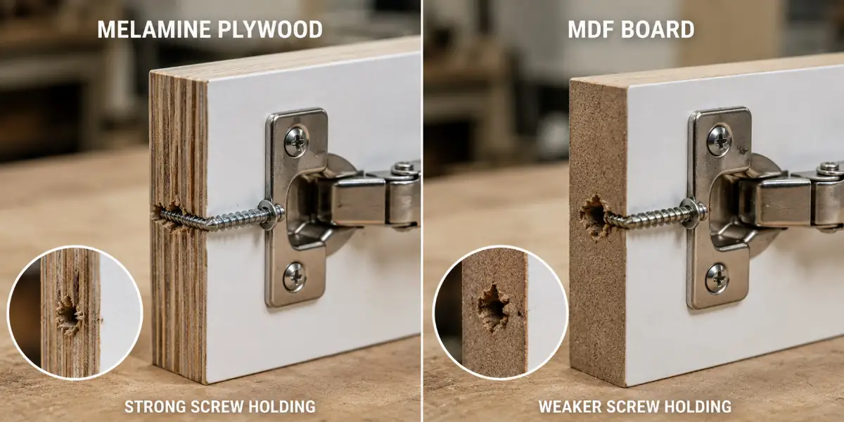 Cabinet hinge installation test comparing screw holding strength of melamine plywood and melamine MDF boards.