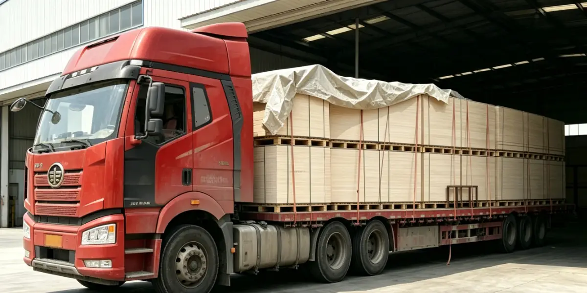 Birch plywood container loading for export shipment from factory