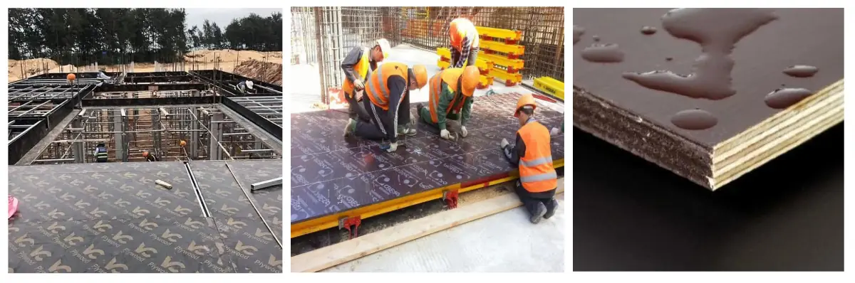 Film faced plywood with waterproof phenolic film coating and layered wood veneer core for concrete formwork applications