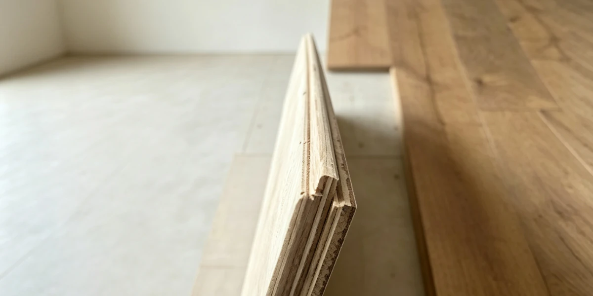 Plywood flooring edge view showing layered wood veneer structure