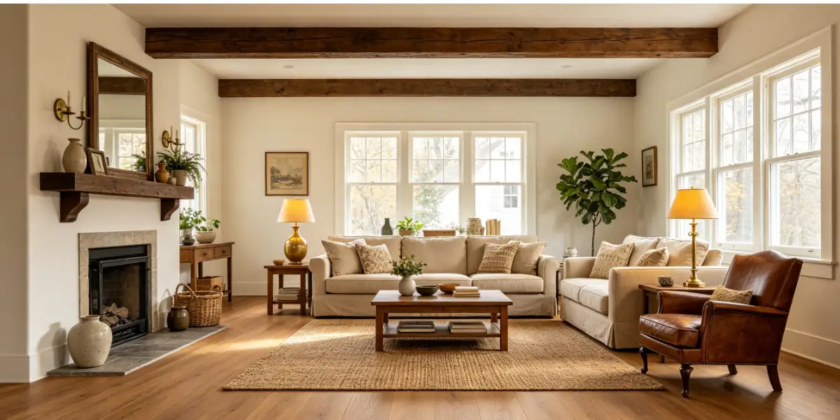 merican farmhouse style living room with wood look SPC flooring installation