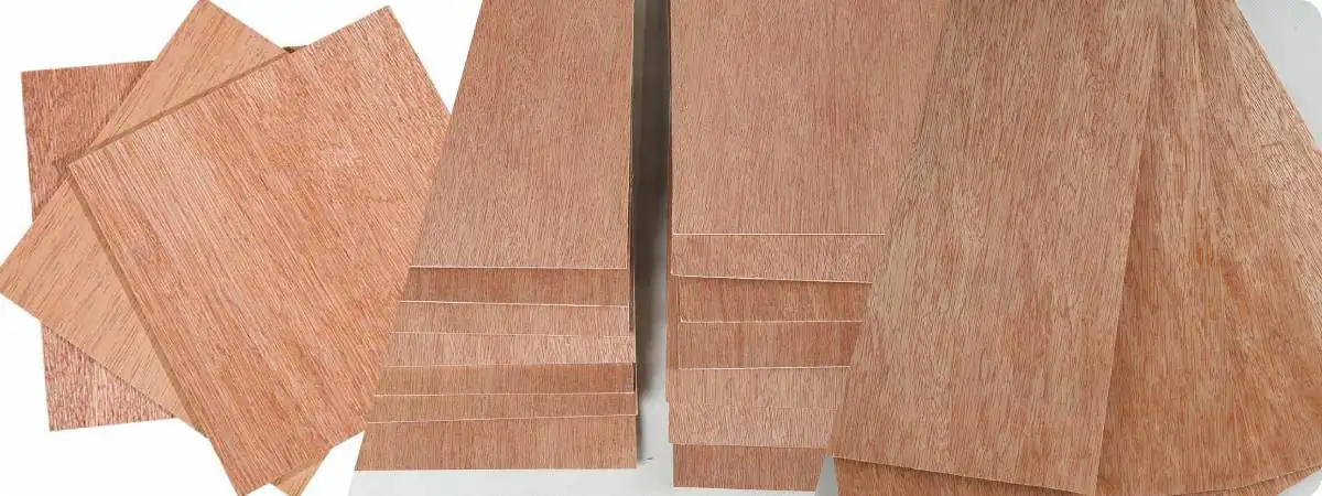 Detalhe da superfície da madeira compensada Bintangor, mostrando a textura natural rosa-avermelhada e a seção transversal.