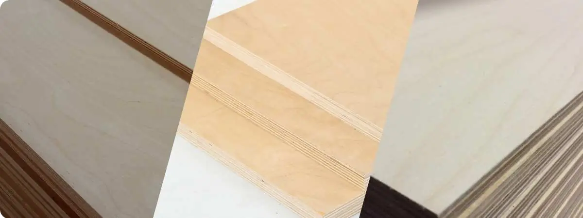 Detalhe de uma placa de compensado de bétula mostrando sua superfície lisa e a textura fina dos veios da madeira.