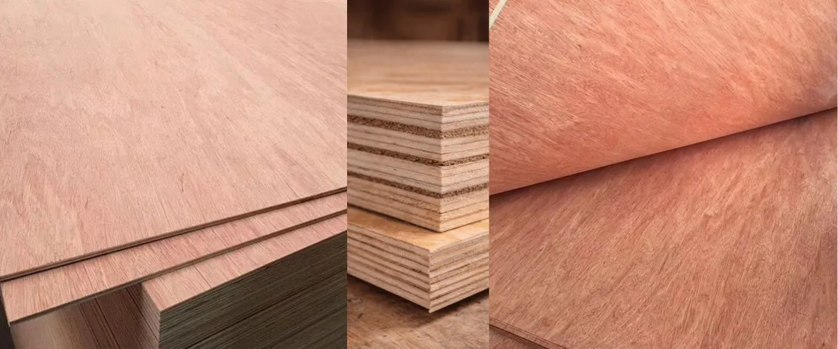 Close-up of natural Bintangor veneer grain and reddish wood texture