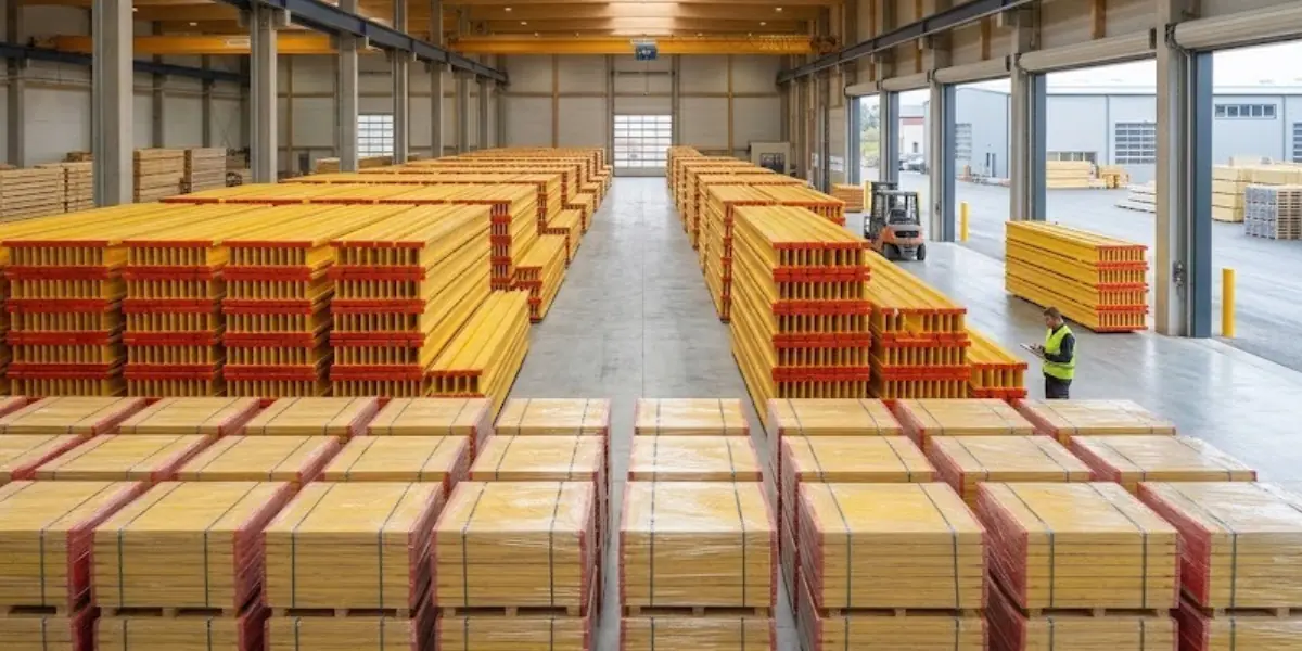 Travi di legno per casseforme H2O sfuse, impilate e stoccate nel magazzino della fabbrica, di varie lunghezze personalizzate per l'edilizia.