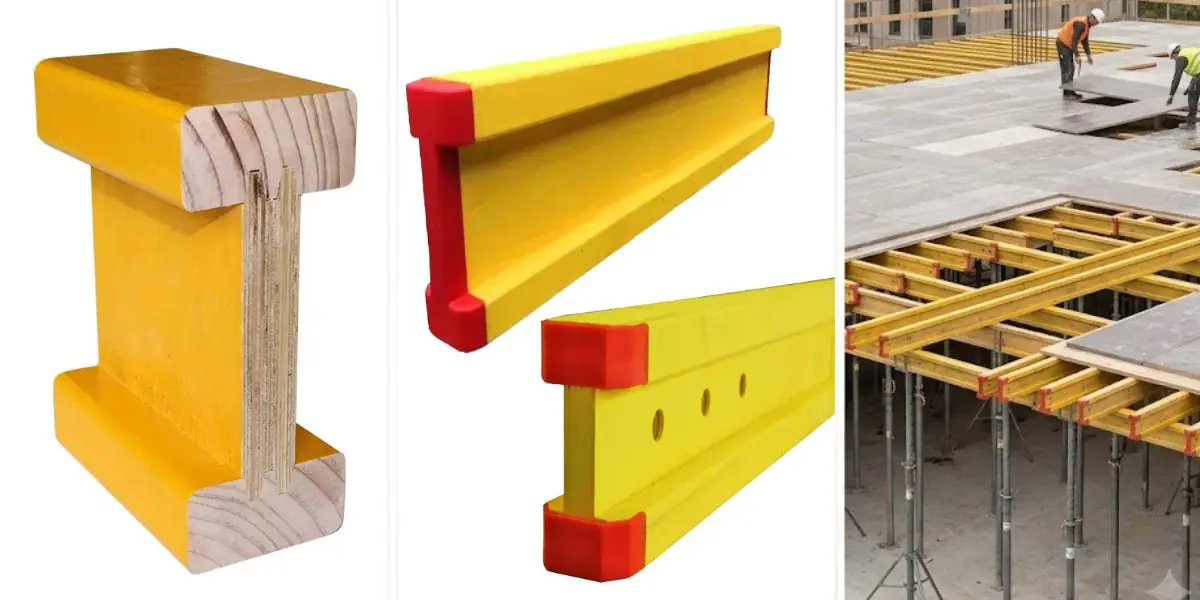 Disegno in sezione trasversale di una trave in legno H20 che mostra la flangia superiore, l'anima in compensato, la flangia inferiore, dimensioni standard 200*80 mm.