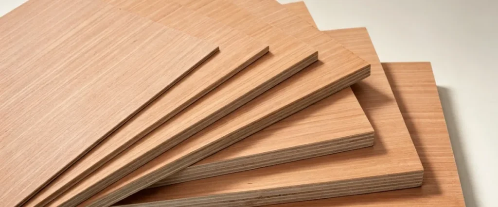Stack of high quality Okoume plywood sheets with smooth natural wood surface