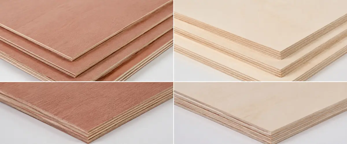 Okoume plywood vs birch plywood comparison, showing surface grain, texture and appearance difference for furniture and marine projects 