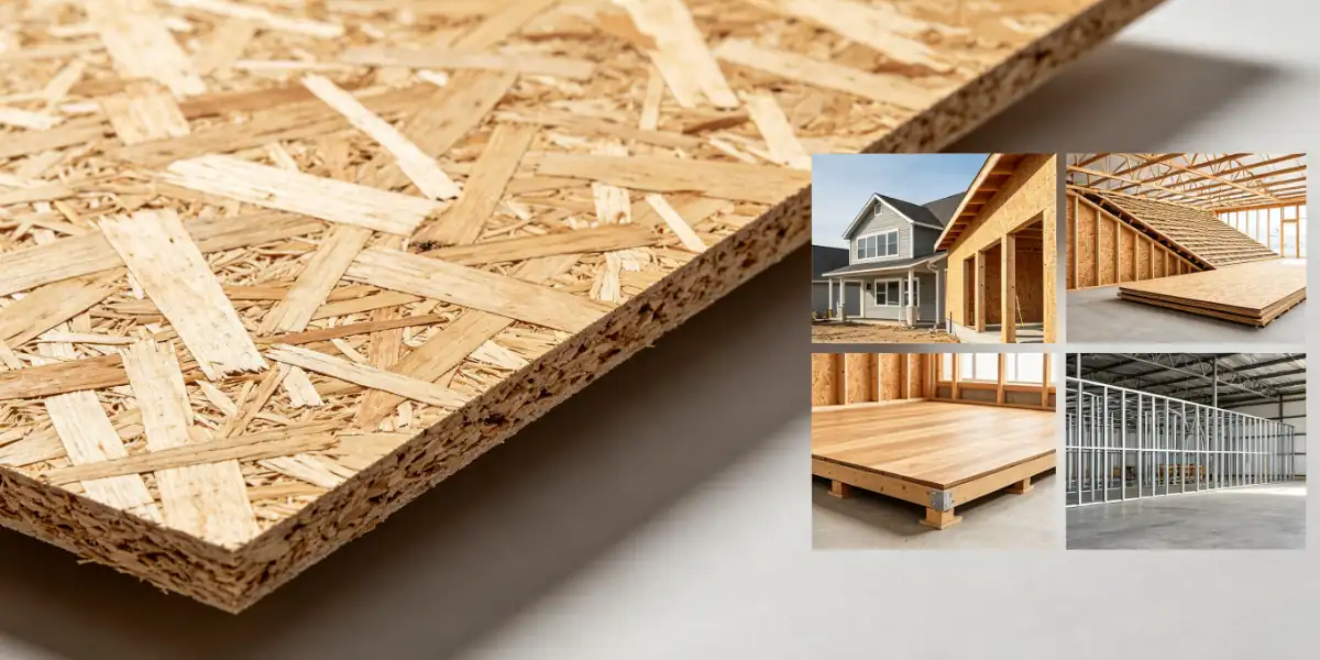 Textura de OSB (painel de madeira orientada) em estado bruto, detalhe ampliado, painel de madeira para construção de estruturas de casas.
